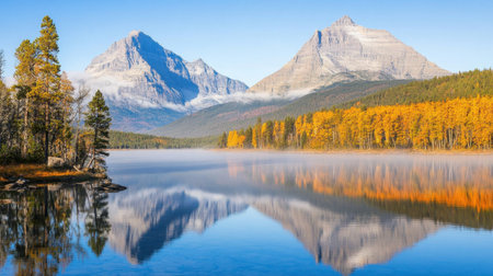 A breathtaking autumn scene featuring a calm lake reflecting stunning mountains, vibrant trees, and a clear blue sky, creating a peaceful atmosphere.の素材