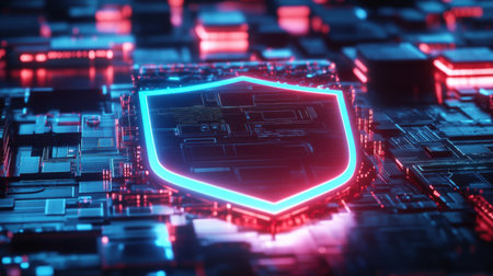 This artistic representation features a glowing shield set against a backdrop of a circuit board, emphasizing themes of cybersecurity and digital protection.の素材