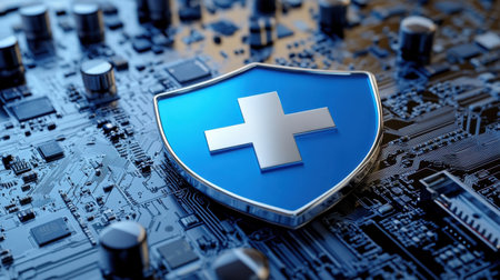 A striking blue shield featuring a plus symbol on a detailed circuit board background, symbolizing the fusion of medical technology and cybersecurity.の素材