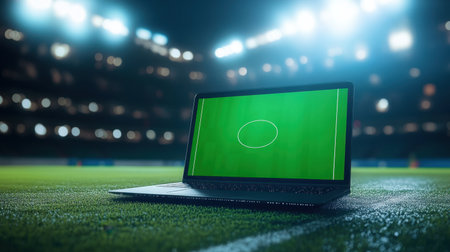 A sleek laptop sits on a vibrant green grass surface, showcasing a virtual soccer field. Bright stadium lights illuminate the scene, highlighting the blend of technology and sport in a unique and captivating setting.の素材