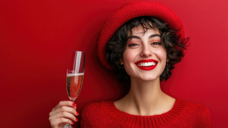 A vibrant and joyful woman, dressed in red, raises a champagne flute in celebration. Her infectious smile and stylish look exude a cheerful holiday spirit, perfect for capturing festive moments.の素材