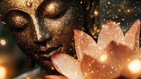 This captivating image features a serene Buddha statue adorned with sparkling lights, complemented by a delicate lotus flower, evoking tranquility and spiritual beauty.の素材