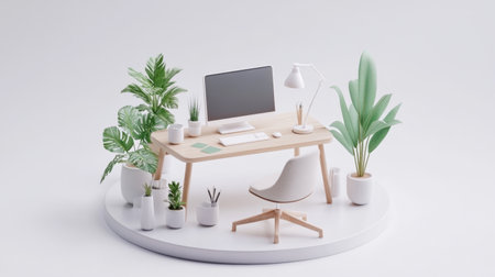 This image features a modern workspace with a wooden desk, computer, ergonomic chair, and lush green plants. The minimalist design promotes a serene and productive environment.の素材
