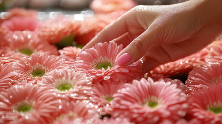A close-up view of a delicate hand adjusting pink gerbera daisies floating in calm water, creating a peaceful and serene floral atmosphere.の素材