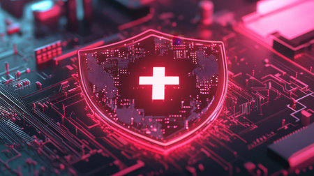 This image features a digital shield with a cross symbol set against a glowing circuit board background, creating a striking tech-themed visual representation of protection and health.の素材