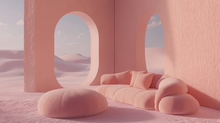 A tranquil minimalist interior showcasing a soft pink couch against textured walls and curved archways, set in a dreamy desert landscape.の素材