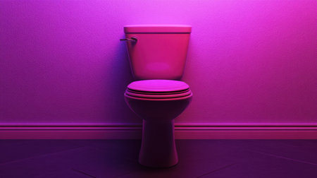 This modern toilet stands in a stylish bathroom, lit by vibrant purple light, creating a unique and captivating atmosphere. Ideal for contemporary design projects.の素材