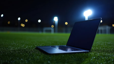 A sleek laptop rests on a vibrant football field under night lights, showcasing the blend of technology and sports in a serene setting.の素材