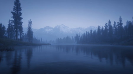 Peaceful and serene lake view at dusk with mist, surrounded by majestic mountains and tall pine trees creating a tranquil natural landscape.の素材