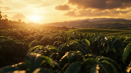 A serene agricultural scene featuring lush coffee plants bathed in golden sunlight during sunset. The vibrant landscape showcases the beauty of nature.の素材