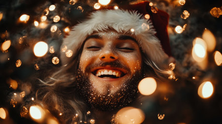 A joyful person wearing a festive hat smiles brightly amid sparkling lights, capturing the essence of happiness and holiday spirit.の素材