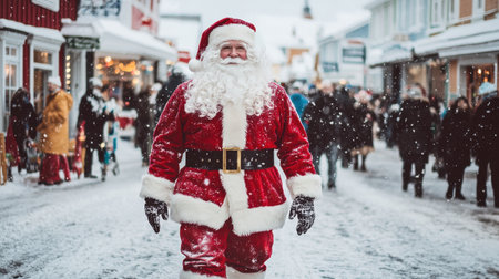 A cheerful Santa Claus walks through a snowy winter street bustling with holiday shoppers, surrounded by festive decorations and a joyful atmosphere.の素材