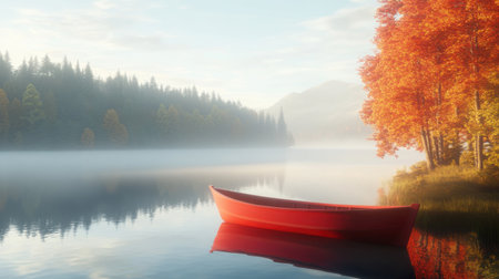 A serene autumn morning scene featuring a bright red canoe floating on a calm lake. The vibrant fall foliage and lush forest create a tranquil atmosphere.の素材