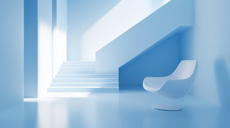 Explore a tranquil minimalist interior featuring a modern blue palette, soft lighting, stylish staircase, and sleek white chair that invites relaxation.の素材