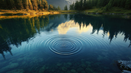 A tranquil mountain lake scene showcasing crystal clear water with gentle ripples. Lush green trees surround the peaceful setting against majestic mountains.の素材