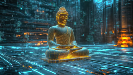 Experience a stunning digital representation of a Buddha sculpture amid a vibrant cyber landscape, symbolizing a blend of technology and spirituality.の素材