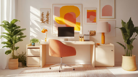 This image showcases a cozy home office space filled with natural light, plants, and modern decor, ideal for boosting productivity and creativity.の素材
