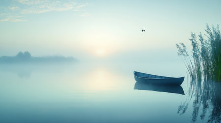 A serene early morning scene with a single canoe floating on a tranquil body of water, enveloped in soft mist and gentle light.の素材
