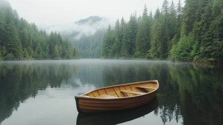 A tranquil scene of a lone wooden boat floating on a misty lake surrounded by lush evergreen forests, creating a serene atmosphere perfect for nature lovers.の素材