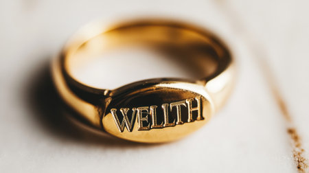 This stunning close-up image showcases a gold ring with 'Welth' elegantly engraved on its surface, representing the value of luxury and style.の素材