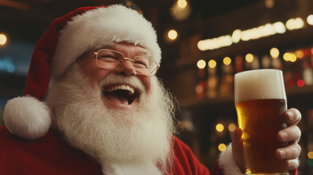 A cheerful Santa Claus with a white beard laughs joyfully while holding a frosty glass of beer in a cozy, festive bar, embodying holiday spirit.の素材