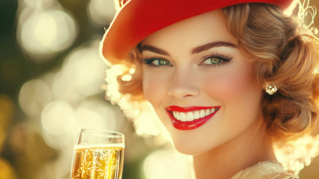 A joyful woman in vintage fashion, smiling with a glass of champagne in hand, captures a festive moment in a sunny outdoor setting.の素材