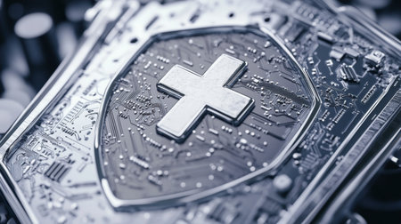 This striking image features a metallic cross on a circuit board, symbolizing the intersection of health and technology in a modern context.の素材
