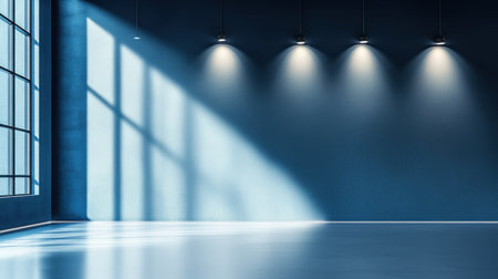 A spacious interior scene emphasizes modern minimalism with blue walls and dramatic ceiling lighting casting soft shadows. Ideal for fresh design concepts.の素材