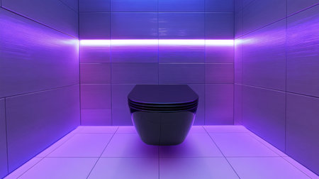 A trendy toilet in a contemporary bathroom setting, illuminated by soft purple ambient lighting. Perfect for showcasing modern interior design.の素材