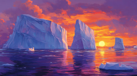 A stunning view of majestic icebergs at sunset, showcasing vibrant colors reflecting on the calm waters, perfect for serene landscape art.の素材