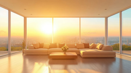 This stunning image features a cozy modern living room with expansive windows revealing a breathtaking sunset over the city skyline, creating a tranquil atmosphere.の素材