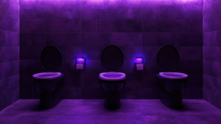 Modern restroom featuring three sleek toilets illuminated by vibrant purple lights, creating a unique and stylish atmosphere for users.の素材