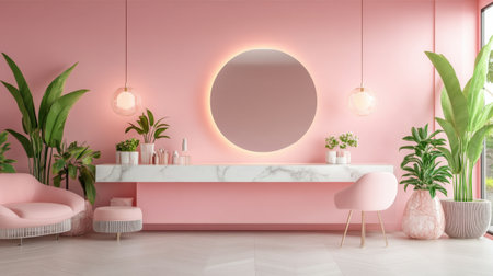This image presents a chic interior space featuring a soft pink wall, modern furniture, elegant mirror, and vibrant plants, creating a stylish ambiance.の素材