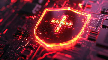 This striking image features a digital shield icon with a cross symbol, set against a high-tech circuit board background in vibrant red and black tones, representing cybersecurity.の素材