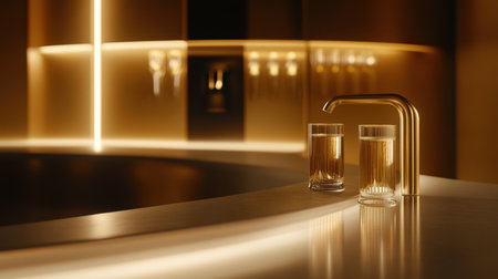 A pair of elegant glass tumblers filled with golden water sits on a sleek countertop, illuminated by soft ambient lights, creating a luxurious atmosphere.の素材