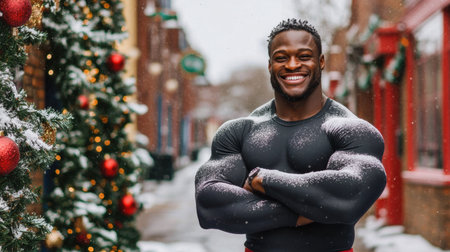 A muscular man stands proudly in a snowy holiday scene. With a bright smile, he embodies joy and strength against festive decorations, celebrating the winter season.の素材