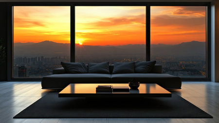 A stylish modern living room features a large sofa and coffee table with an impressive sunset view through panoramic windows. Perfect for showcasing urban relaxation.の素材