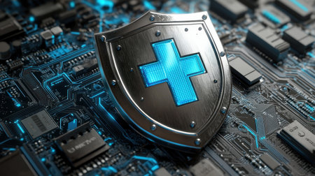 This high-resolution image features a cybersecurity shield set against a detailed circuit board, highlighting themes of protection and digital safety in technology.の素材