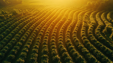 Captivating aerial view of green rows in a farm field at golden hour, showcasing sunlight illuminating vibrant crop patterns and natural beauty.の素材