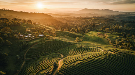 This breathtaking image captures the beauty of lush green tea fields bathed in golden sunlight at sunrise, featuring rolling hills and a serene landscape.の素材