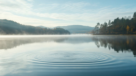 This tranquil image captures a calm lake at dawn, showcasing gentle ripples creating a serene atmosphere amidst misty hills and trees.の素材