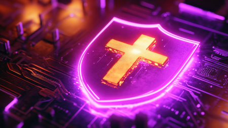 A striking neon shield featuring a cross symbol stands out against a circuit board background, representing themes of digital security and faith.の素材