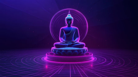 A serene representation of a Buddha figure in a meditative pose, illuminated by captivating neon lights against an abstract background. Perfect for promoting mindfulness and tranquility.の素材