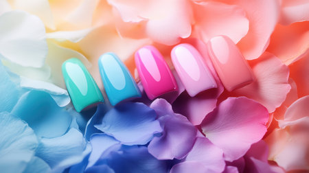 A charming display of polished nails rests on a bed of delicate floral petals, showcasing vibrant colors and glossy finishes, perfect for beauty inspiration.の素材