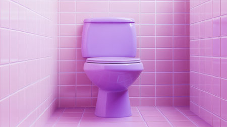 A striking pink toilet is the centerpiece of this modern bathroom, surrounded by glossy tiles that enhance the stylish interior design.の素材