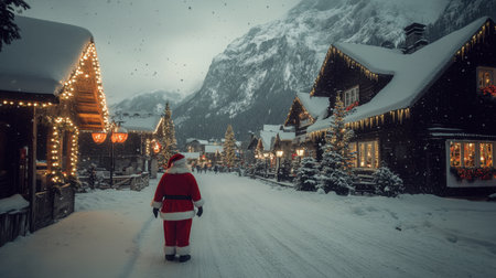 A whimsical scene of Santa Claus strolling through a picturesque snowy village, surrounded by twinkling Christmas lights and festive decorations.の素材