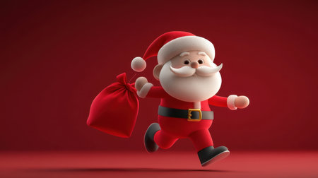 A delightful cartoon Santa Claus character joyfully running with a red sack, set against a vivid red background, capturing the essence of Christmas.の素材