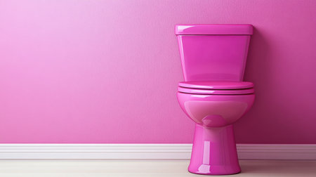 This striking image features a bright pink toilet set against a matching pink wall, ideal for adding a fun and vibrant touch to any bathroom decor.の素材