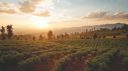 This stunning image captures a picturesque sunset illuminating the rolling hills of a vineyard, showcasing nature's beauty in vibrant colors.の素材