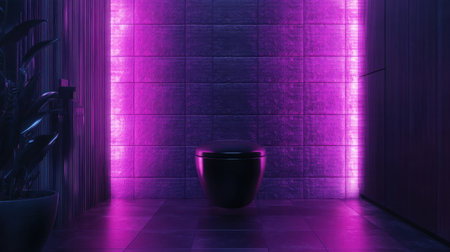 A sleek and modern bathroom featuring an elegant black toilet illuminated by vibrant neon pink lighting, creating a unique ambiance perfect for contemporary interiors.の素材